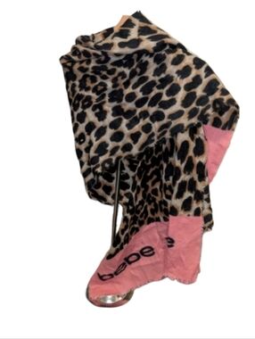 bebe Leopard Print Wrap Scarf with Pink Trim